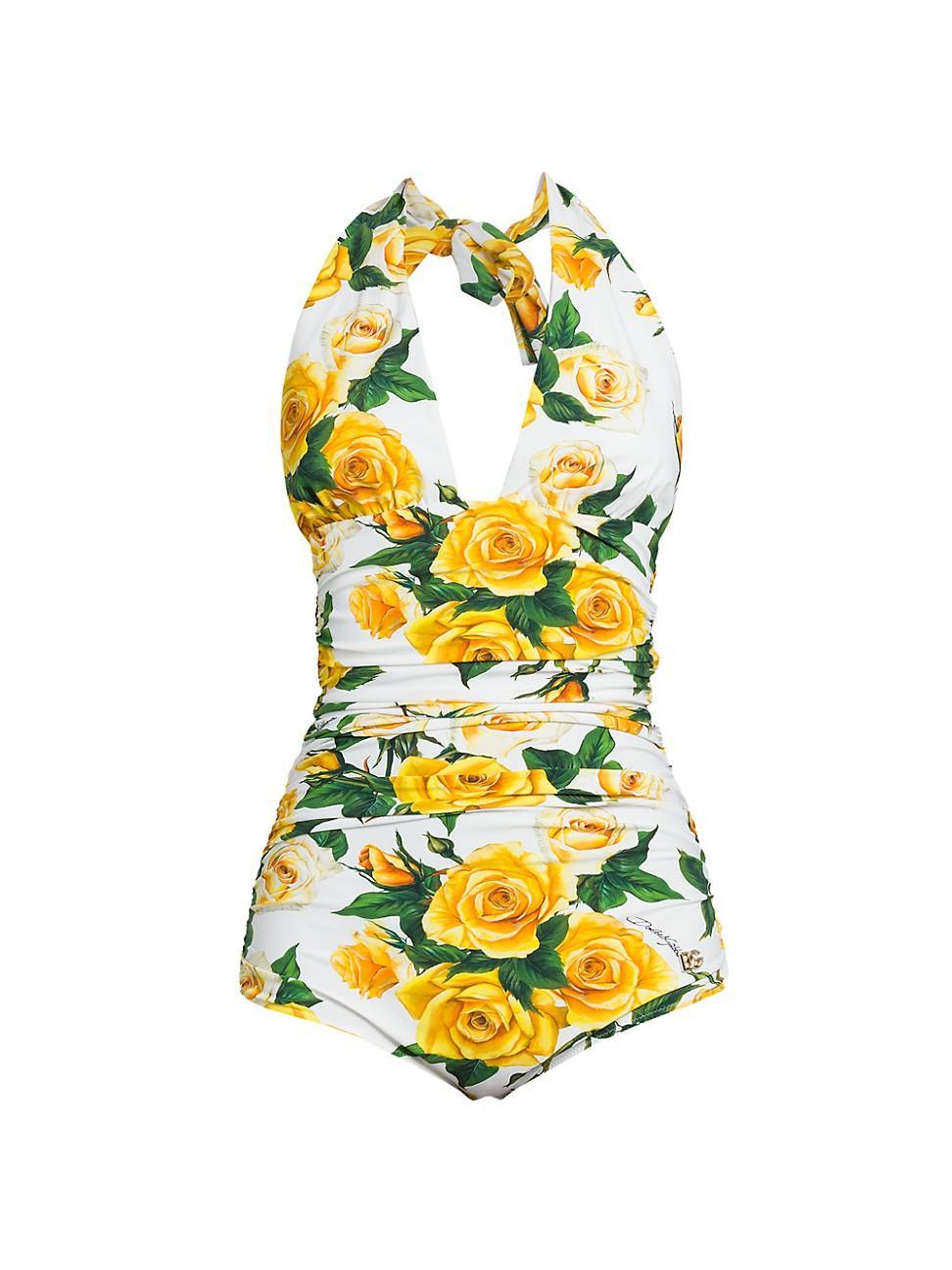 Womens Floral Ruched Halter One-Piece Swimsuit Product Image