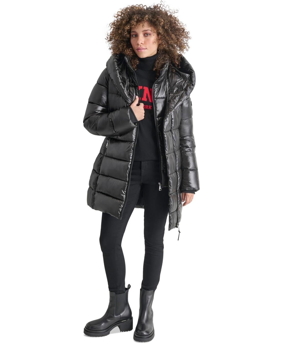 Dkny Womens Bibbed Shawl-Collar Packable Shine Puffer Coat Product Image