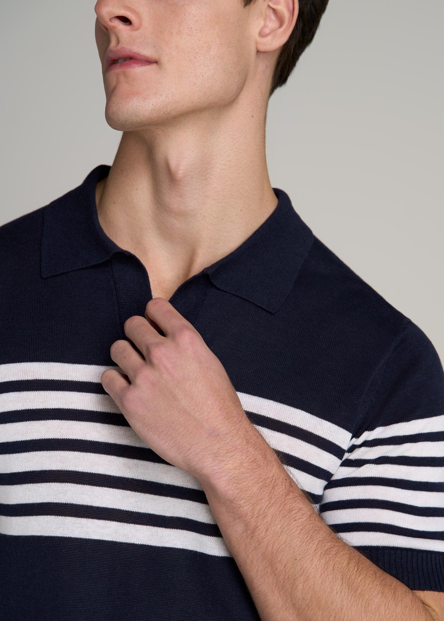 Striped Linen Blend Tall Men's Polo Shirt in Blue and White Stripe Product Image