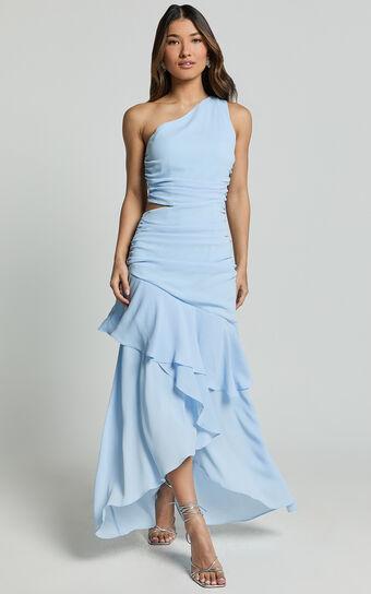 Sasha Midi Dress - One Shoulder Side Cut Out Asymmetrical Dress in Ice Blue Product Image