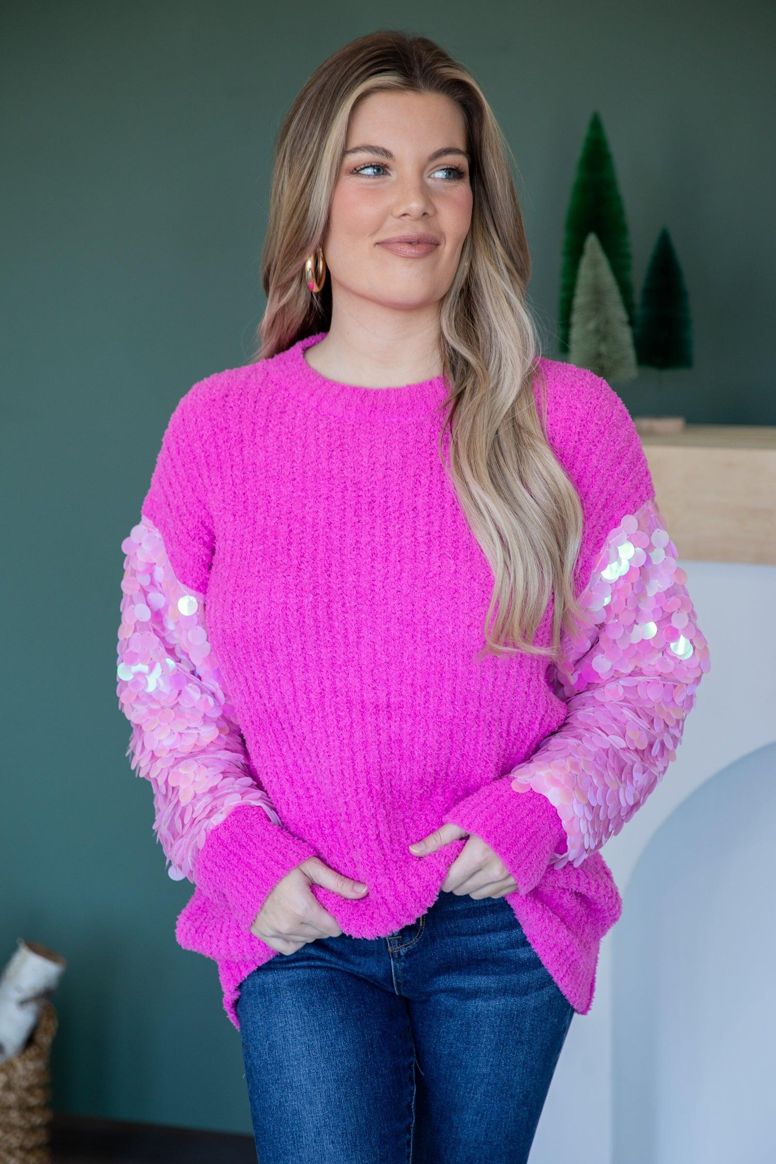 Pink Sweater With Pailette Sleeve Detail Product Image