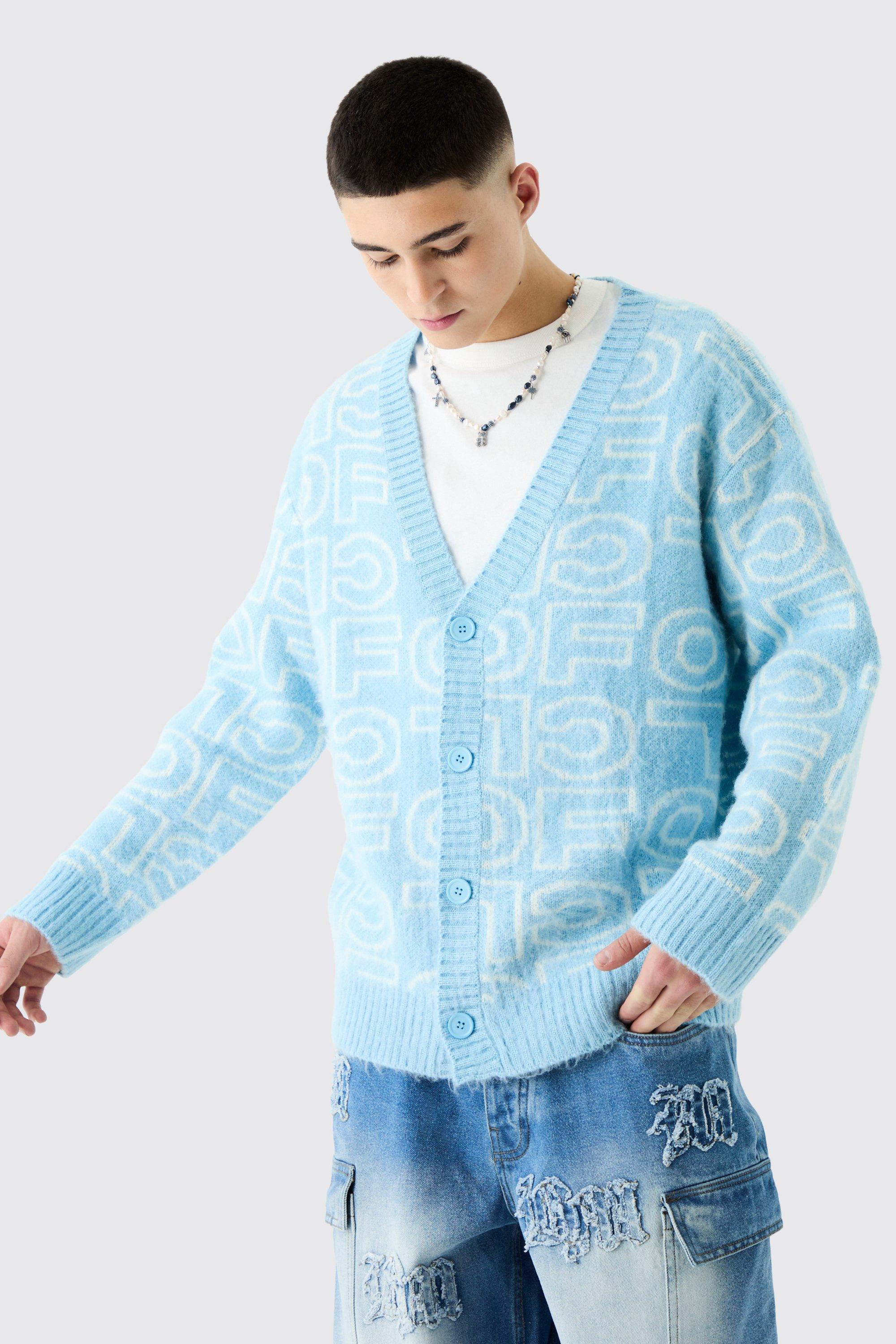 Boxy Fluffy Branded Knitted Cardigan In Blue | boohooMAN USA Product Image