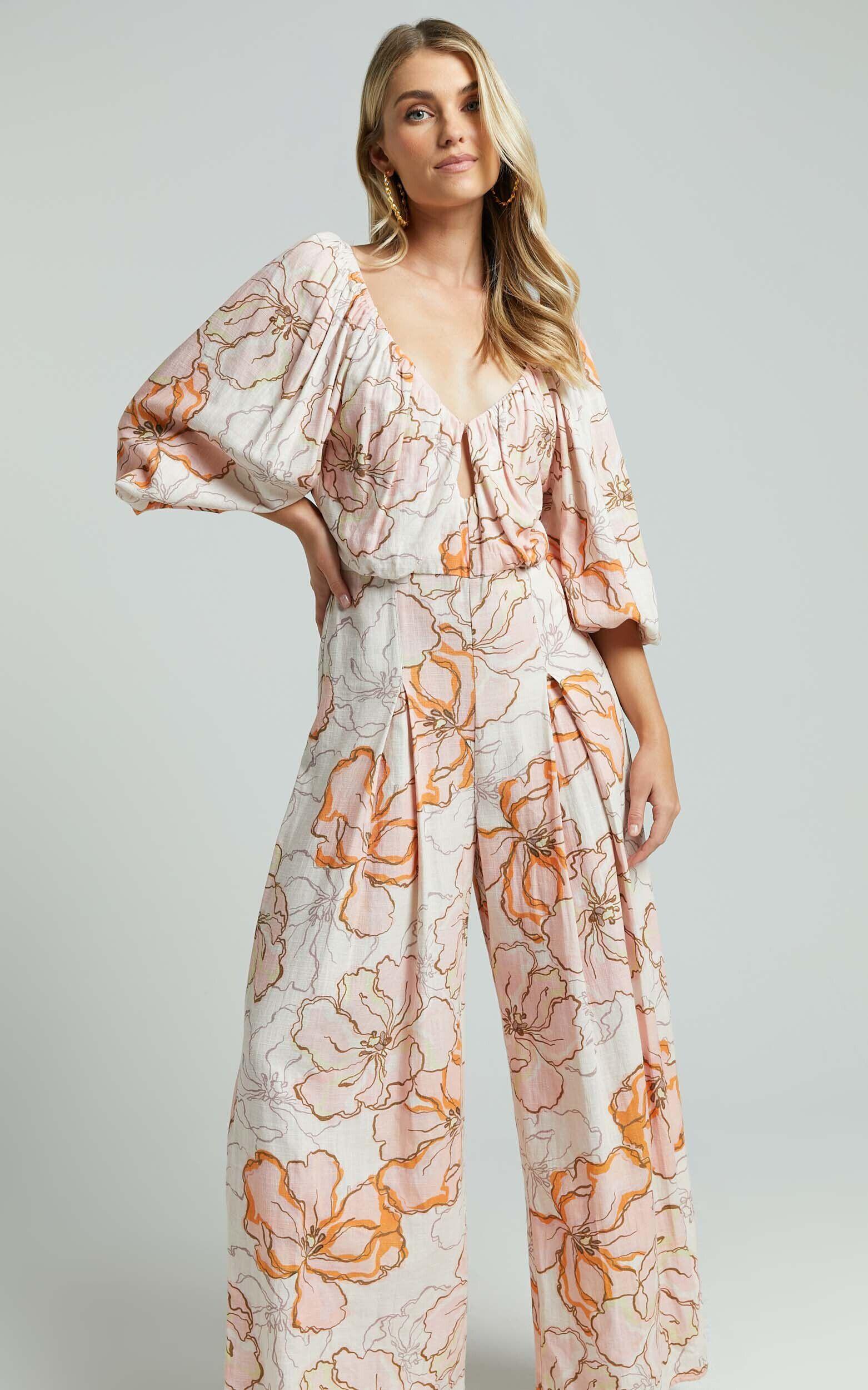 Amalie The Label - Berenice Linen Blend Puff Sleeve Wide Leg Jumpsuit in Maison Fleur Product Image