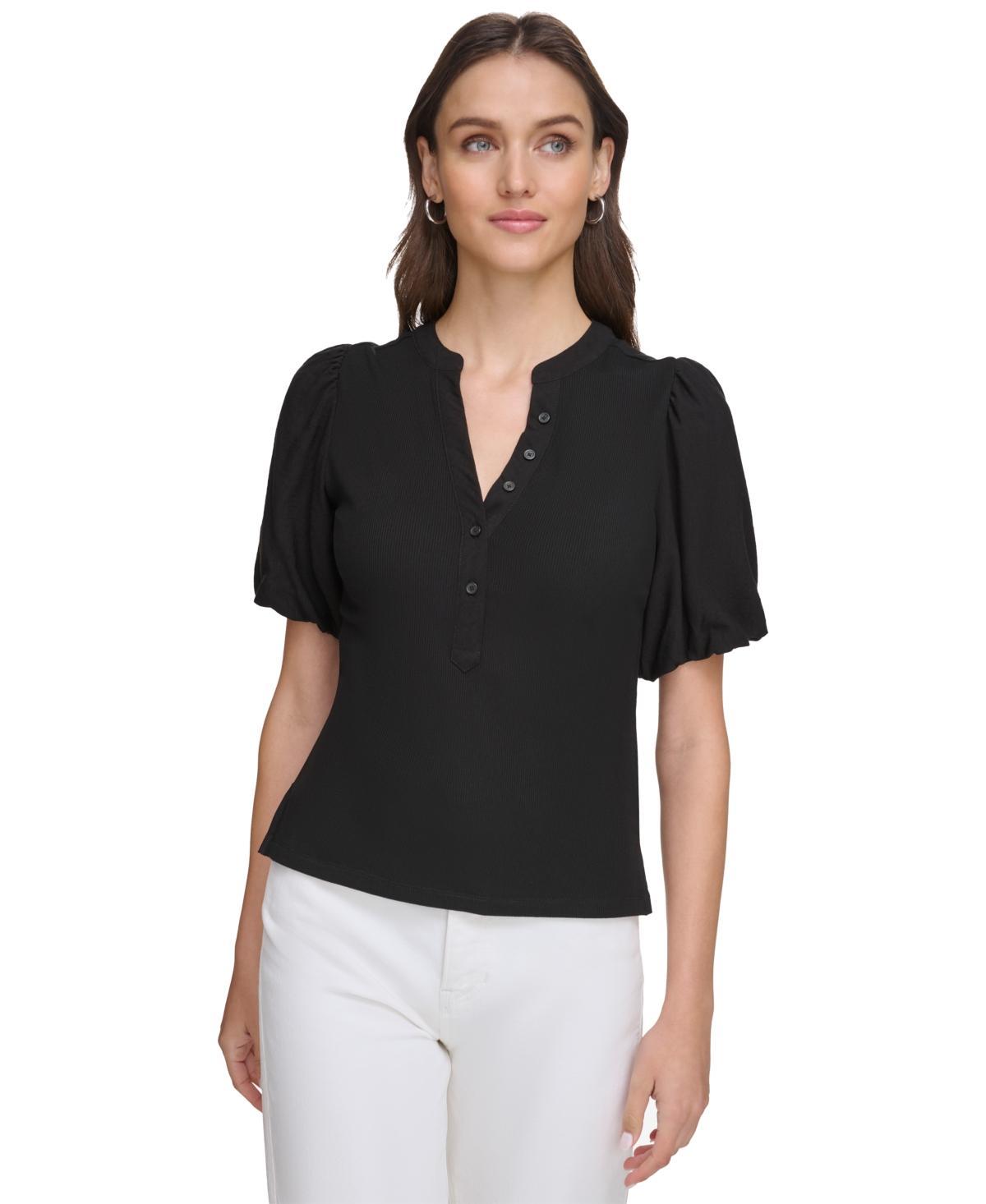 Dkny Womens Puff-Sleeve Ribbed Henley Shirt Product Image