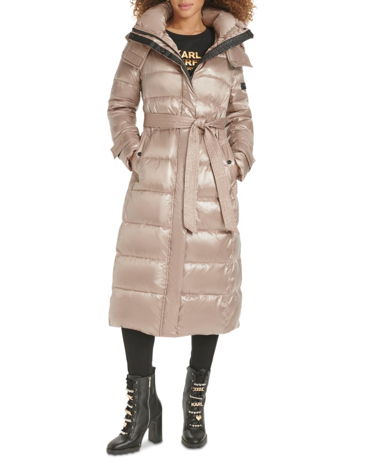 Karl Lagerfeld Womens Shine Hooded Belted Puffer Coat Product Image