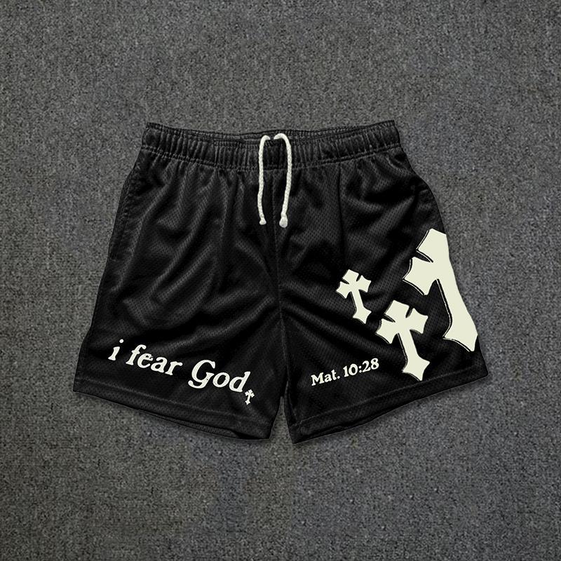 I Fear God Cross Print Graphic Essential Mesh Shorts Product Image