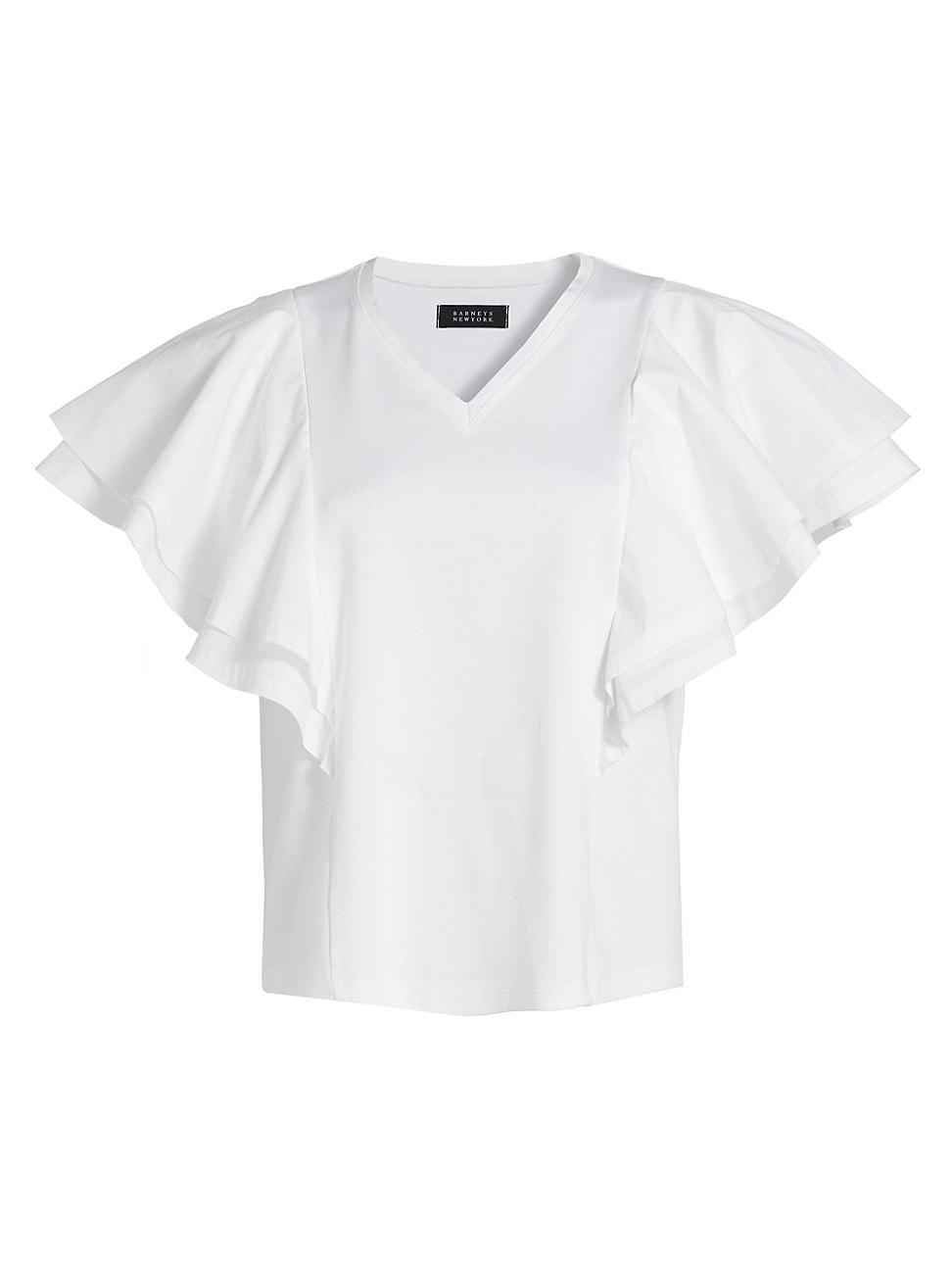 Womens Cotton Ruffled V-Neck T-Shirt Product Image