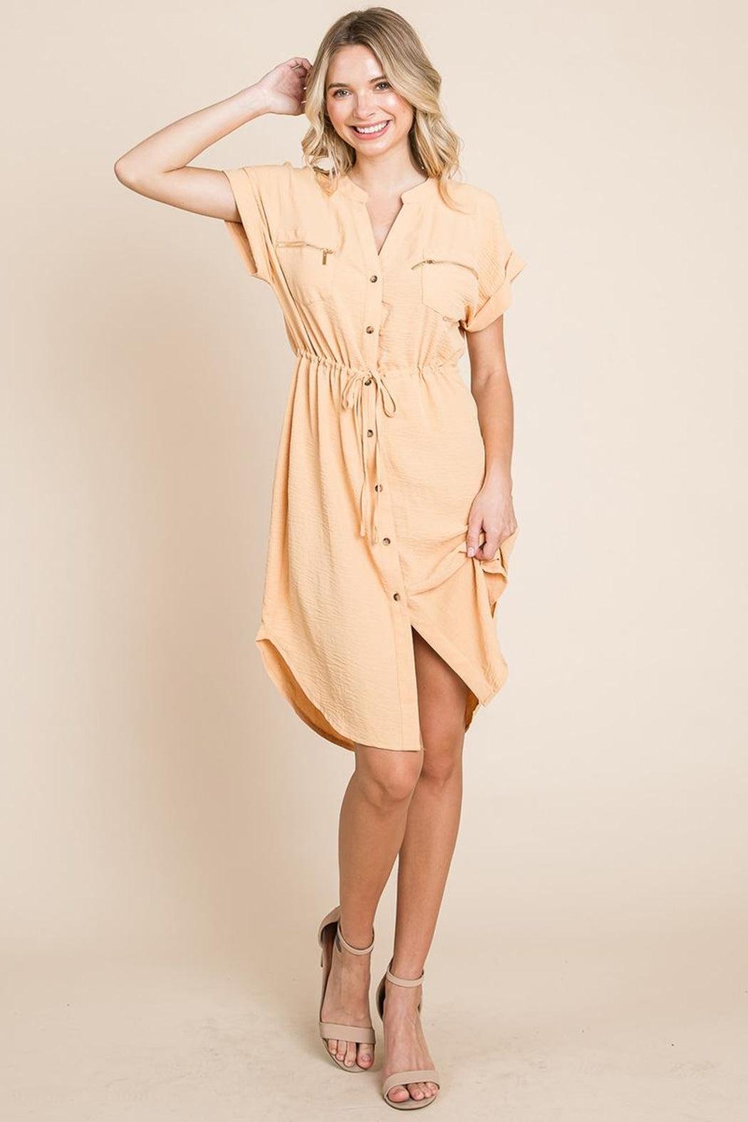 Button Up Tie Waist V Neck Shirt Dress Female Product Image