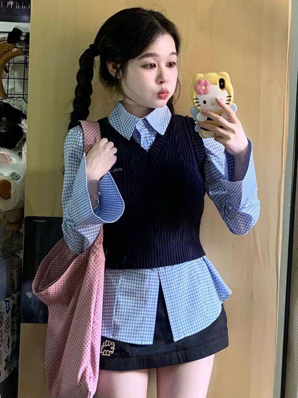 Long-Sleeve Gingham Shirt / V-Neck Plain Cable Knit Crop Sweater Vest / Set Product Image