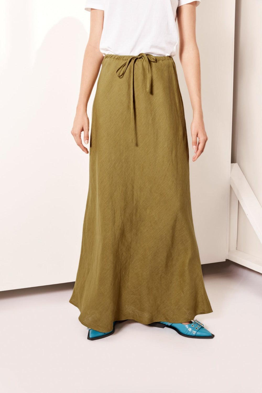 Aki Linen Maxi Skirt Olive Product Image