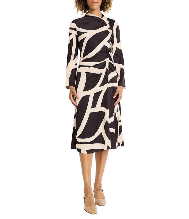 Maggy London Charmeuse Abstract Print Asymmetrical Ruched Neck Long Sleeve Drape Midi Dress Product Image