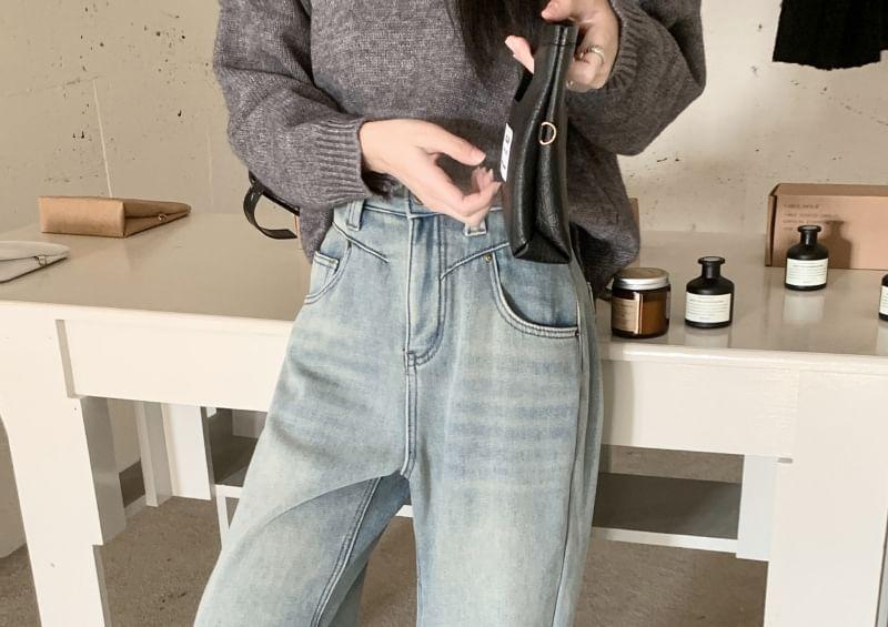 High Waist Fleece-Lined Washed Wide Leg Jeans Product Image