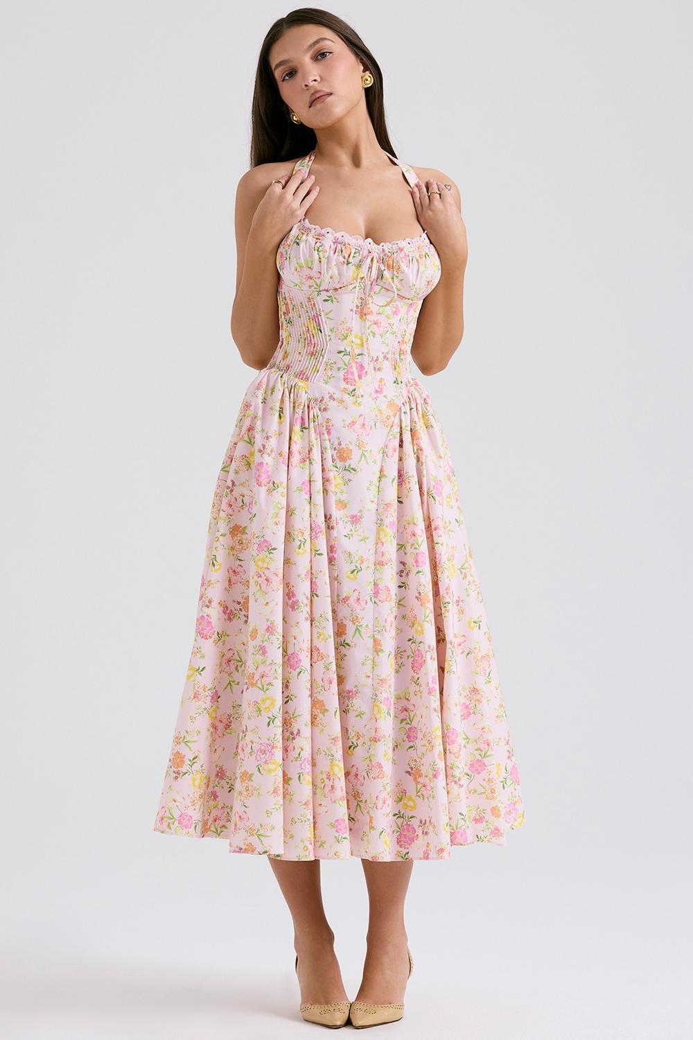 Adabella Pink Meadow Print Cotton Halter Midi Sundress Product Image