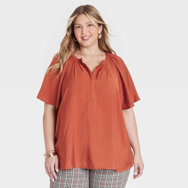 Womens Flutter Elbow Sleeve Blouse - Ava & Viv Rust 2X Product Image