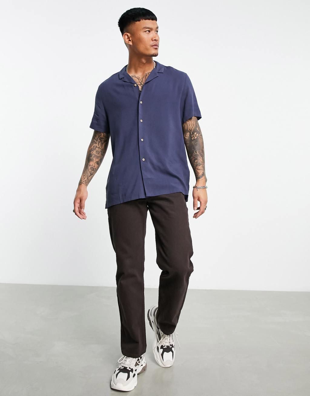 ASOS DESIGN relaxed viscose shirt in navy Product Image