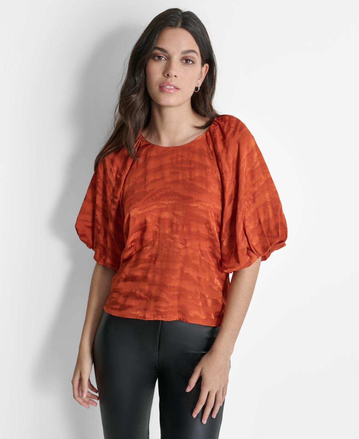 Dkny Womens Puff-Sleeve Jacquard Top - Russet Product Image