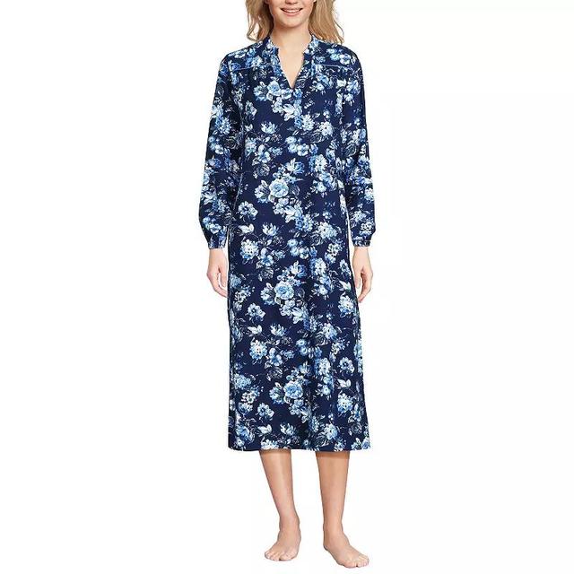 Womens Lands End Long Sleeve Flannel Nightgown Blue Linework Floral Product Image