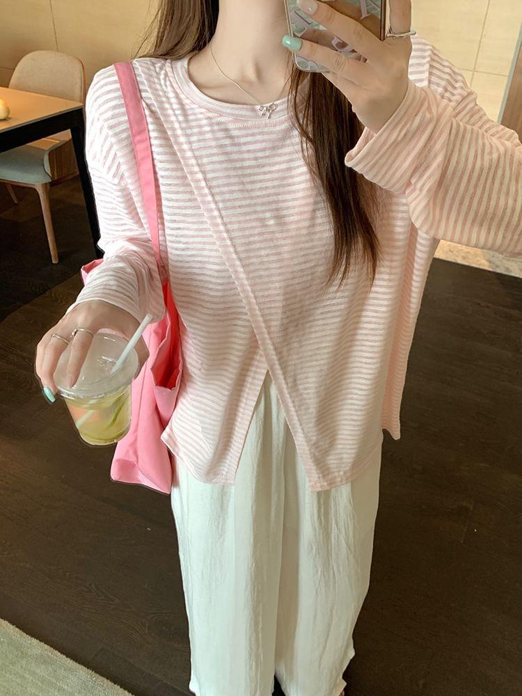 Long-Sleeve Round Neck Striped Slit T-Shirt Product Image