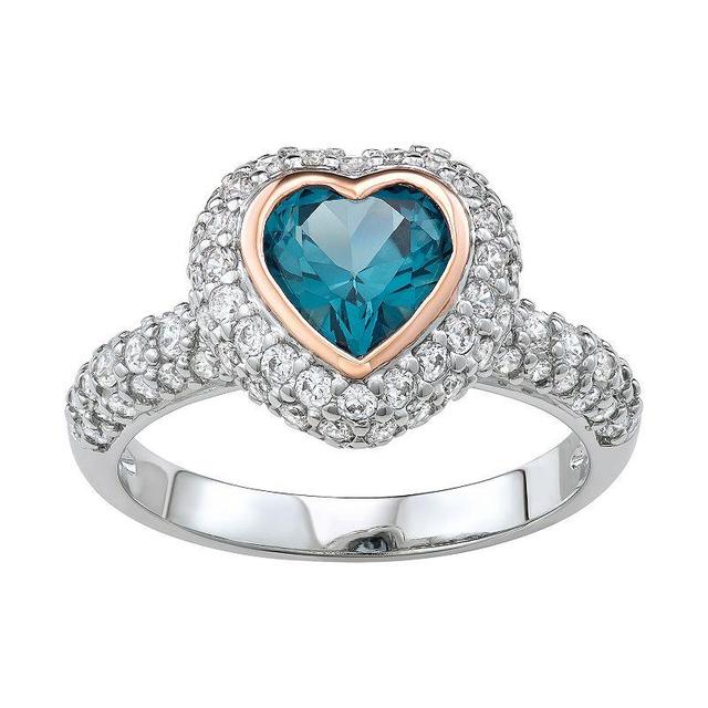 Two Tone Sterling Silver Lab-Created Blue Spinel & Cubic Zirconia Heart Ring, Womens Product Image