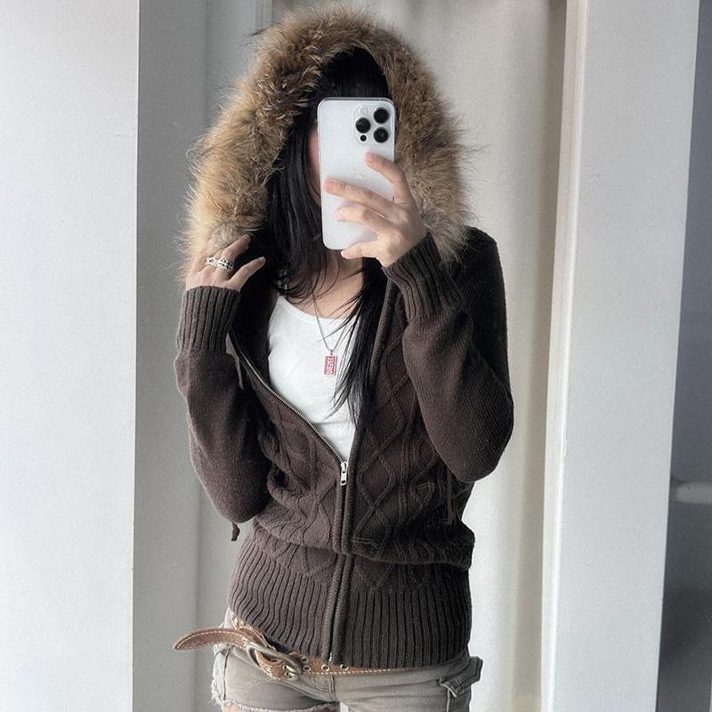 Fluffy Trim Hooded Cable Knit Zip Cardigan / Button Fly Washed Wide Leg Jeans Product Image