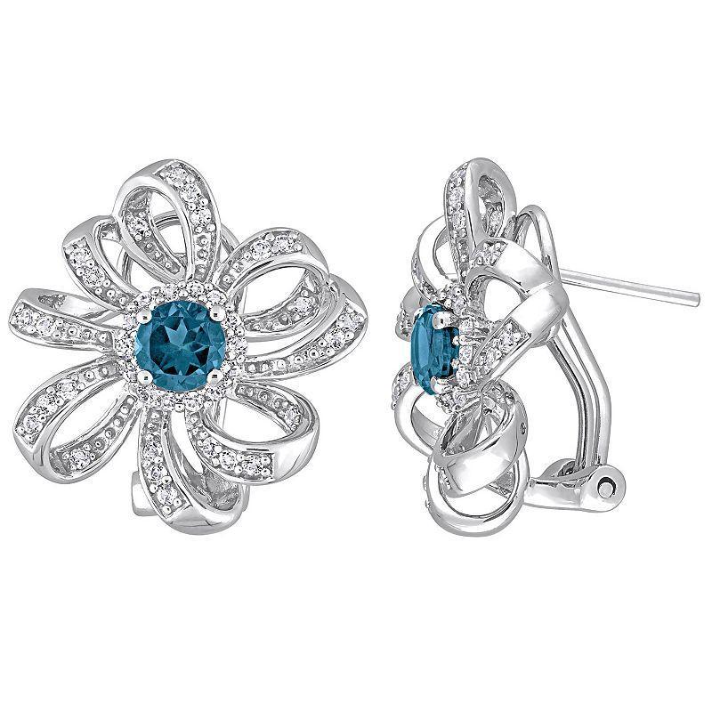 Stella Grace Sterling Silver London Blue Topaz & White Topaz Flower Omega Clip Earrings, Womens Product Image