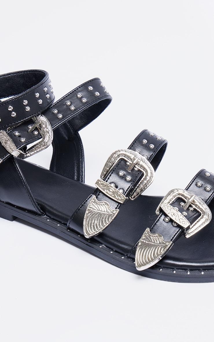 Black PU Round Toe Studded Buckle Detail Gladiator Sandals Product Image