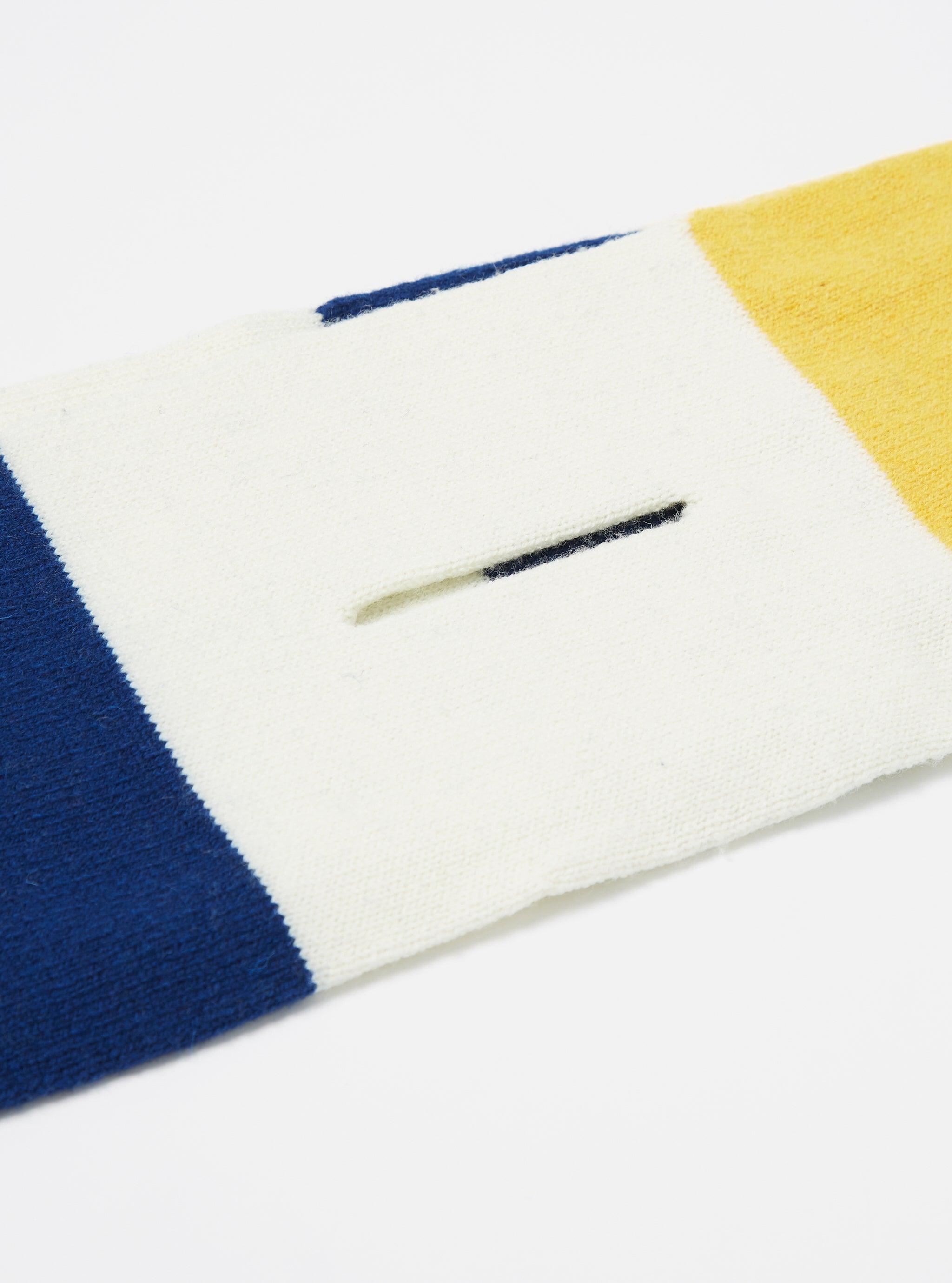 Universal Works Deluxe Football Scarf in Ecru/Yellow/Blue Soft Wool Product Image