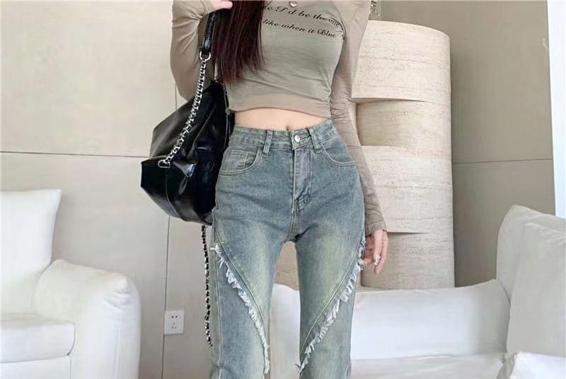 High Waist Fringed Washed Flared Jeans Product Image