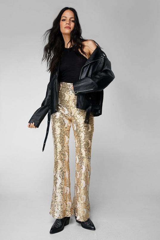 Petite Metallic Moon Sequin Flare Trousers Product Image