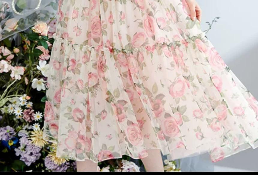 Puff-Sleeve Floral Ruffle Midi A-Line Dress Product Image