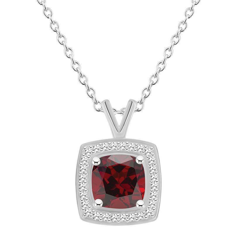 Celebration Gems Sterling Silver Cushion Gemstone & 1/8 Carat T.W. Diamond Halo Pendant Necklace, Womens Red Product Image