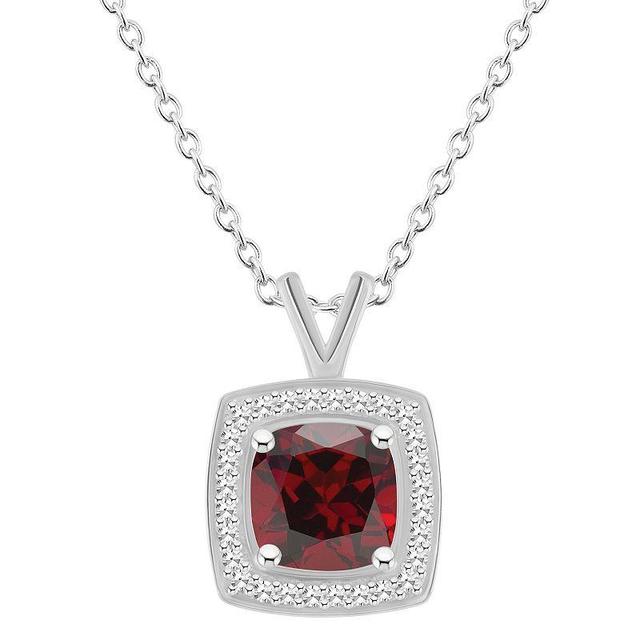 Celebration Gems Sterling Silver Cushion Gemstone & 1/8 Carat T.W. Diamond Halo Pendant Necklace, Womens Red Product Image