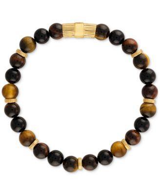 Esquire Mens Jewelry Multicolor Tiger Eye Beaded Stretch Bracelet in 14k Gold-Plated Sterling Silver (Also Tiger Eye), Created for Macys - Product Image