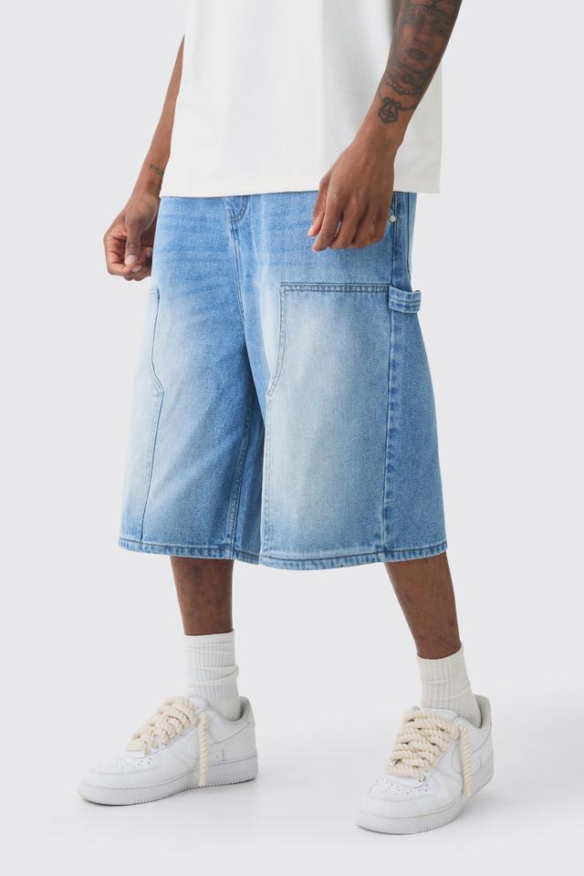 Tall Carpenter Detail Denim Jorts In Light Blue | boohooMAN USA Product Image