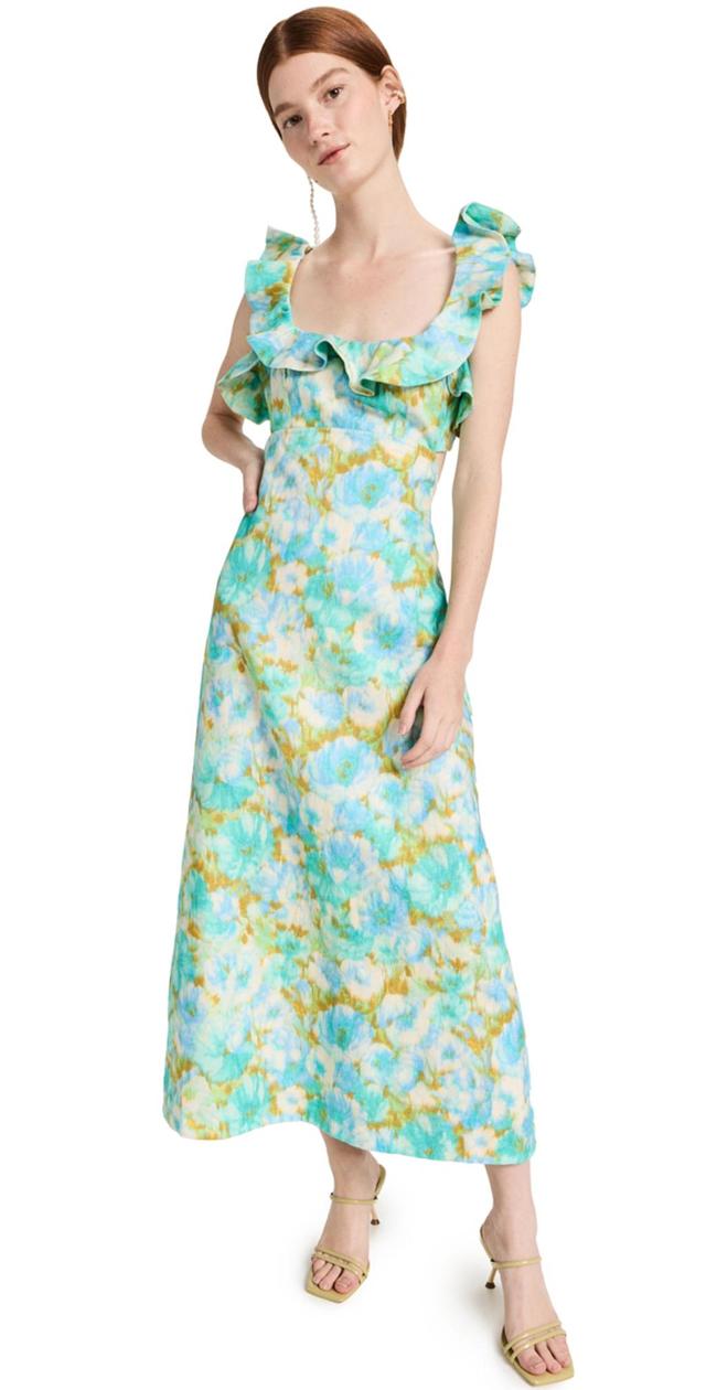 ZIMMERMANN High Tide Open-back Ruffled Floral-print Linen Midi Dress In Aqua Ikat Floral Product Image