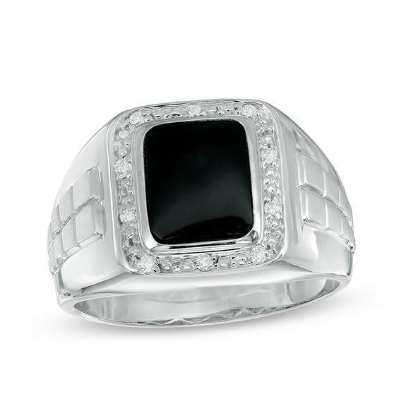 Men's Rectangular Onyx and 1/10 CT. T.w. Diamond Ring in 10K White Gold Product Image