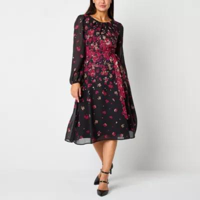 R & K Originals Womens Long Sleeve Floral Midi Fit + Flare Dress Product Image