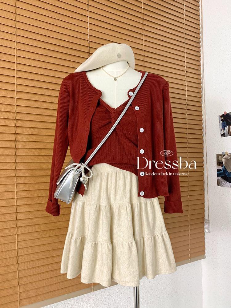 High Waist Plain Tiered Knit Mini A-Line Skirt Product Image