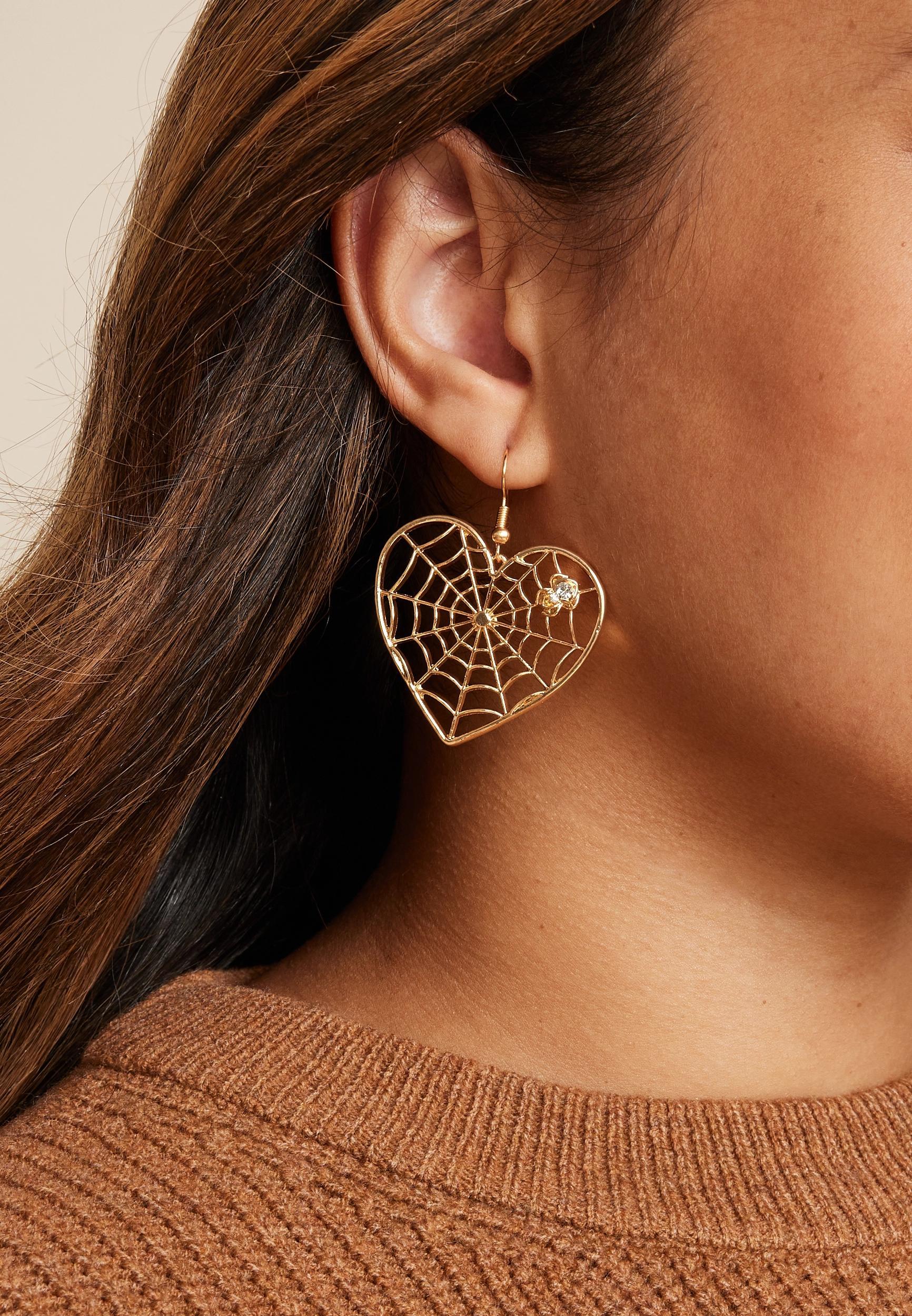 Gold Heart Spiderweb Drop Earrings Product Image