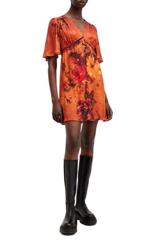 Tian Floral Flutter Sleeve Satin Minidress In Adela Burnt Orange Product Image