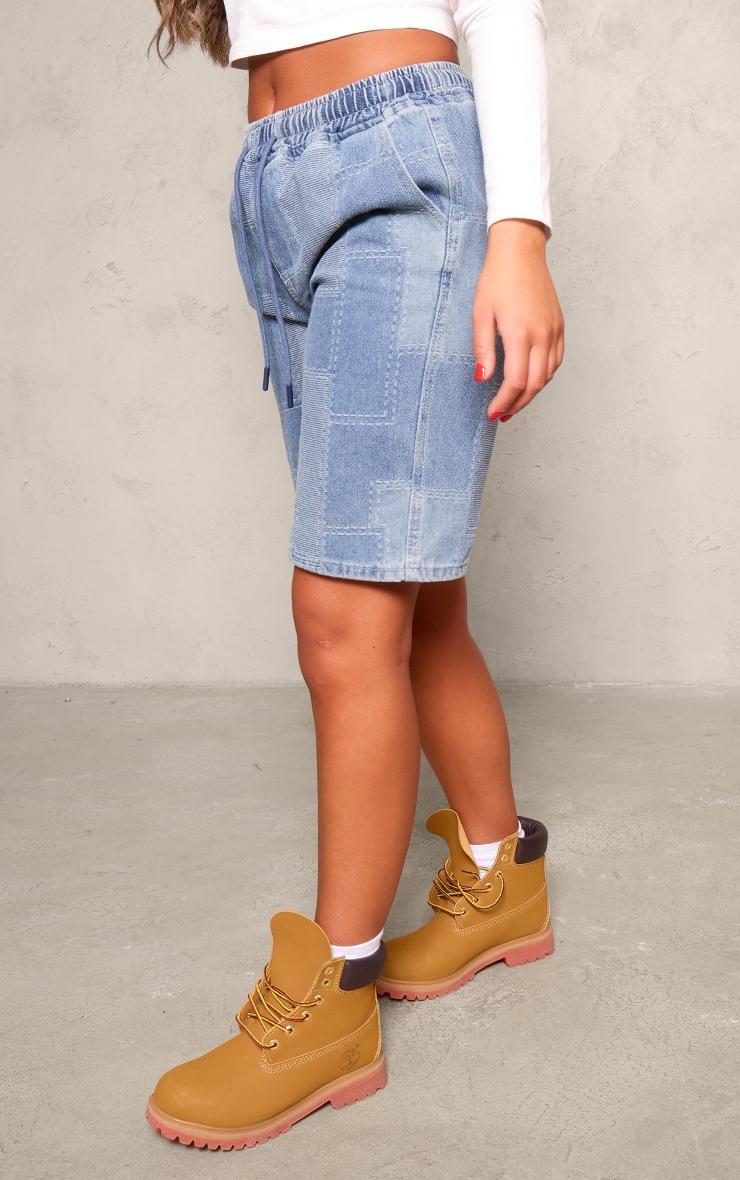 Mid Blue Wash Textured Longline Denim Shorts Product Image