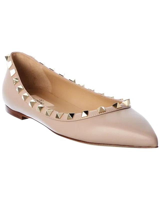 Valentino Rockstud Leather Flat In Beige Product Image