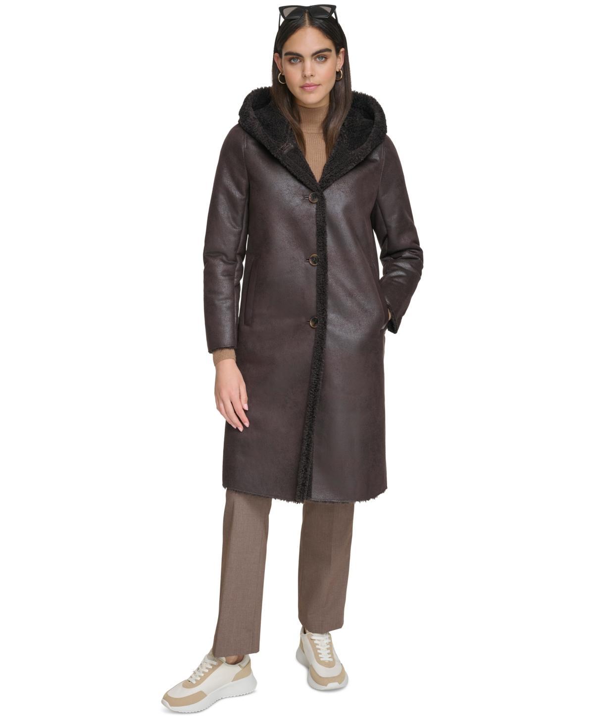 Calvin Klein Womens Hooded Faux-Shearling Trim Coat Product Image