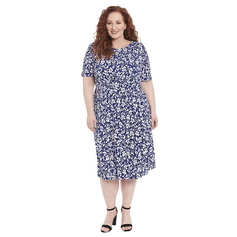 London Times Plus Size Floral-Print Short-Sleeve Midi Dress - Black Product Image