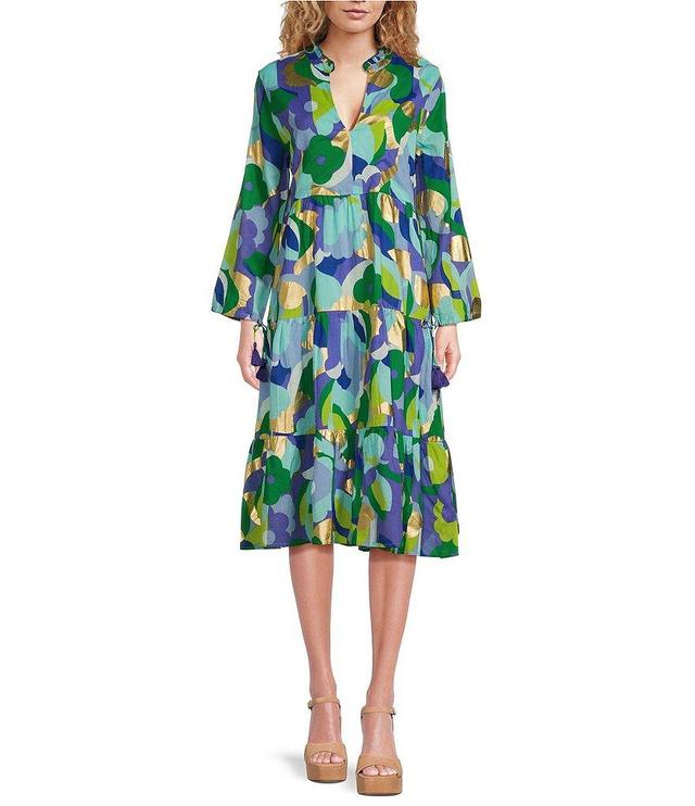 Jude Connally Monaco Cotton Voile Abstract Print V-Neck Ruffle Trim Long Sleeve Midi Dress Product Image