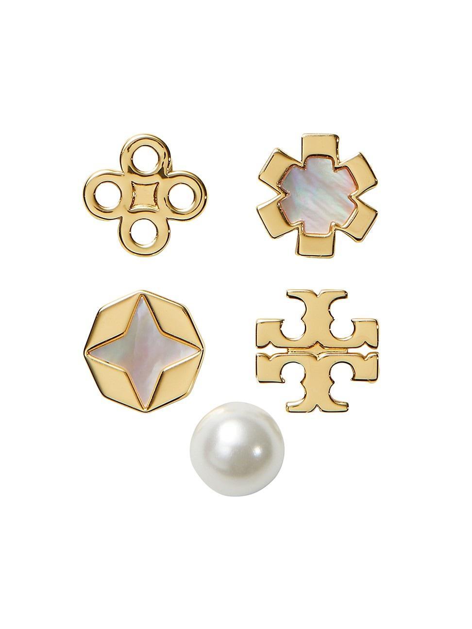 Womens Kira 18K-Gold-Plated, Mother-Of-Pearl & Glass Pearl 5-Piece Clover Stud Earring Set Product Image