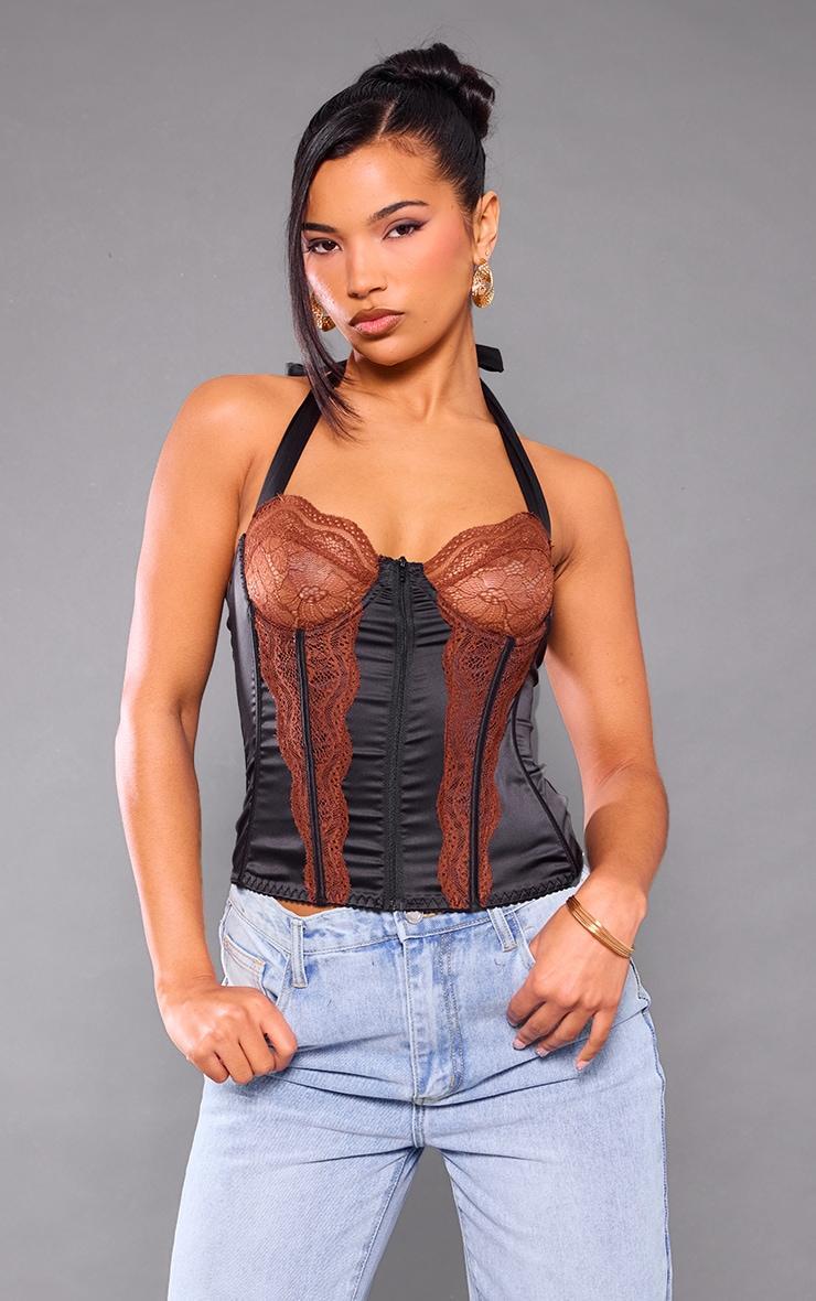 Black Satin Floral Lace Halter Neck Corset Product Image