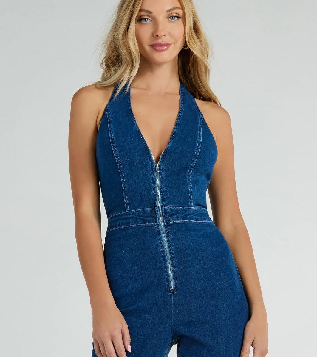 Coolest In Town Halter Zip-Up Flare Denim Jumpsuit Product Image