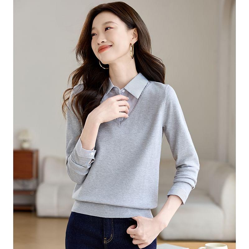 Long-Sleeve Collared Mock Two-Piece Striped Panel Knit Top Product Image