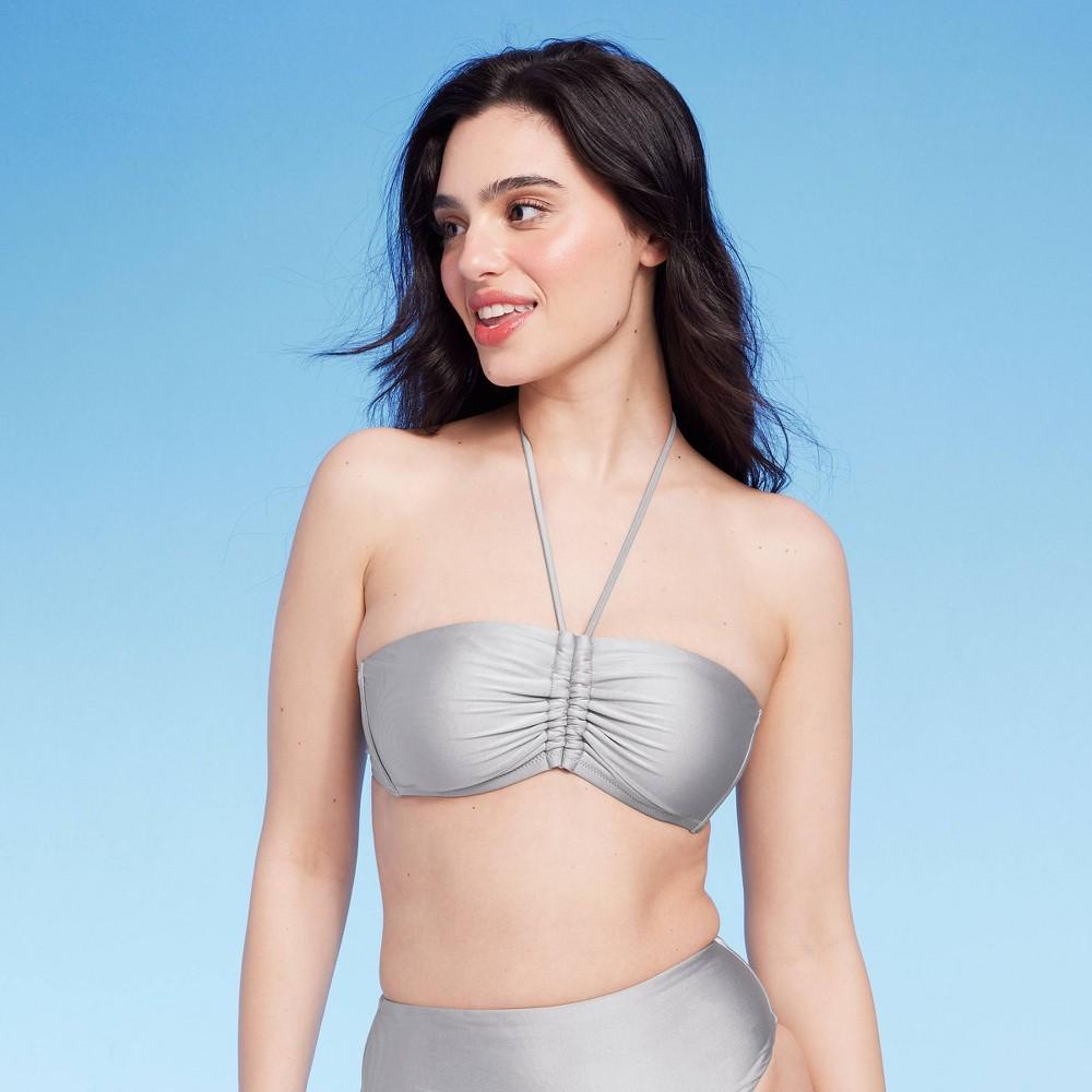 Womens Shirred Front Halter Bandeau Bikini Top - Shade & Shore Silver Shine M Product Image